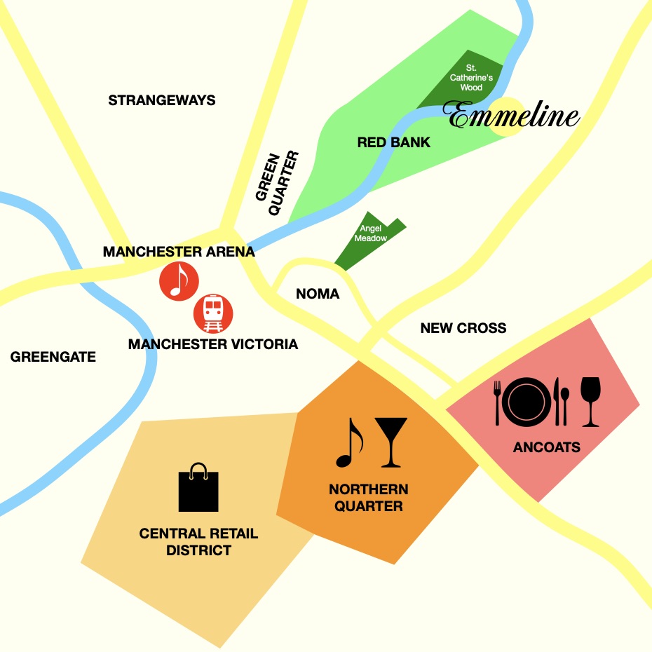 Simplified and stylised map of Manchester city centre